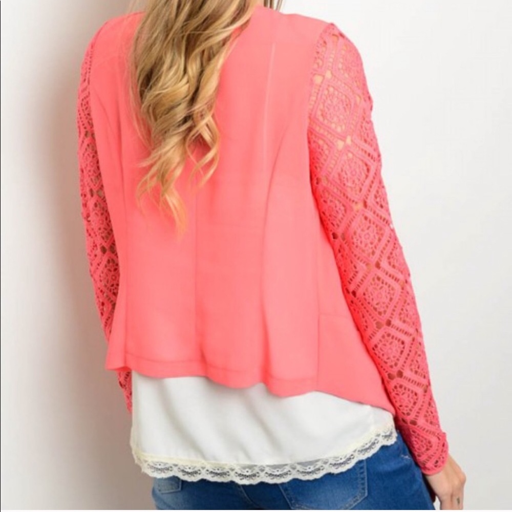 Coral cardigan jacket with pockets. Sheer chiffon. - Picture 4 of 5